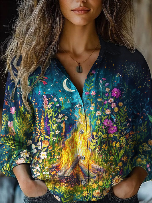 Vintage Nature Bonfire Floral Hippie Women's Printed Casual Shirt