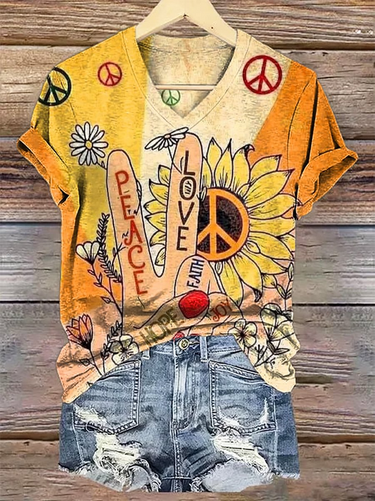 ヴィンテージ ヒッピー ラブ＆ピース アート Vネック Tシャツ
