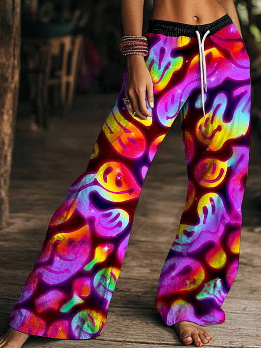 Colorful Hippie Smiley Face Art Women's Drawstring Wide-Leg Pants