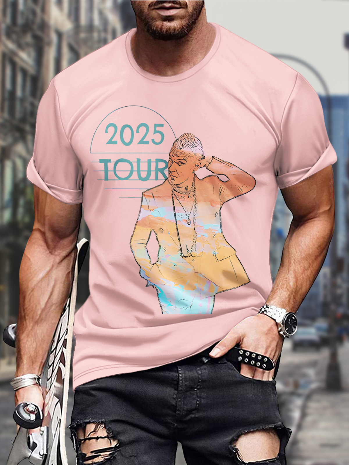 ロビー・ウィリアムズ風ラウンドネック半袖メンズTシャツ