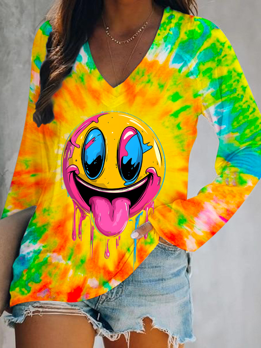 Colorful Hippie Smiley Face Print V-Neck Long Sleeve Top