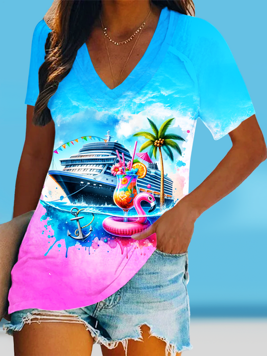 Girls Trip 2025 Watercolor Art Short Sleeve V Neck Print Top