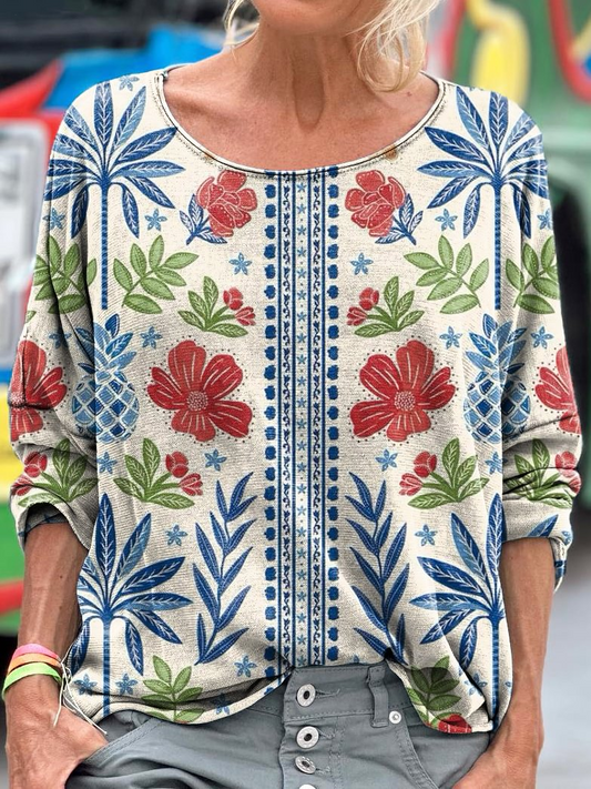 Vintage Folk Floral Art Dropped Shoulders Long Sleeves T-shirt