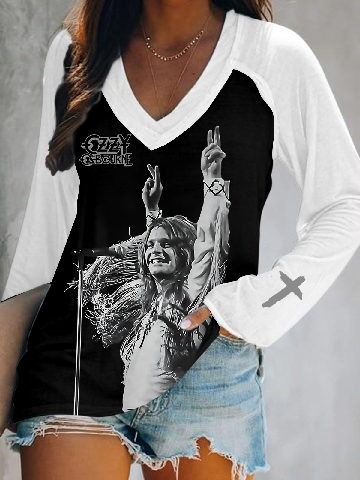 Ozzy Osbourne Print V-Neck Long Sleeve Top
