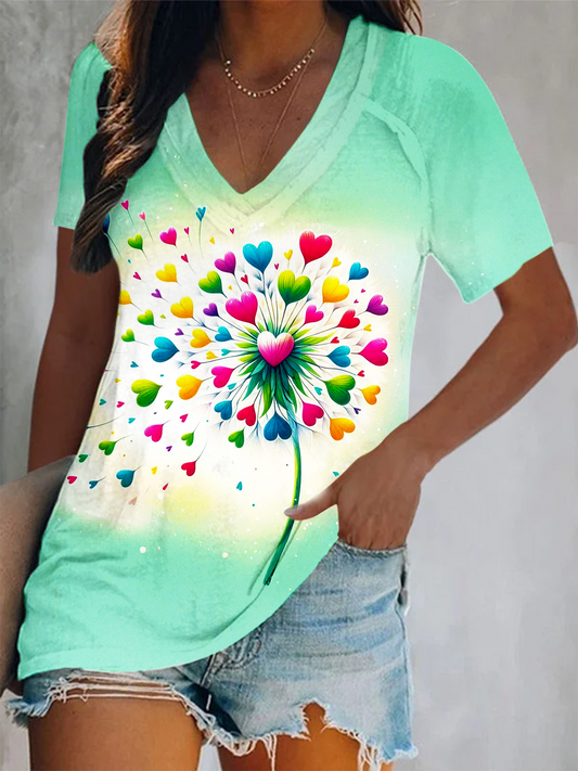 Whisper of Wisdom Dandelion Love Short Sleeve V Neck Print Top