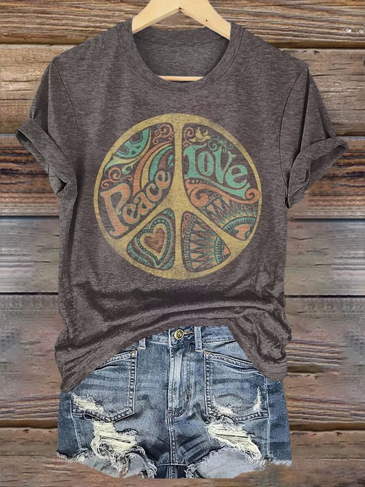 Hippie Love and Peace Art Crew Neck T-shirt