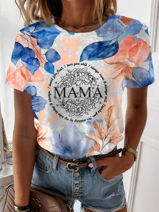 MAMA Funny Word Flower Crew Neck T-shirt