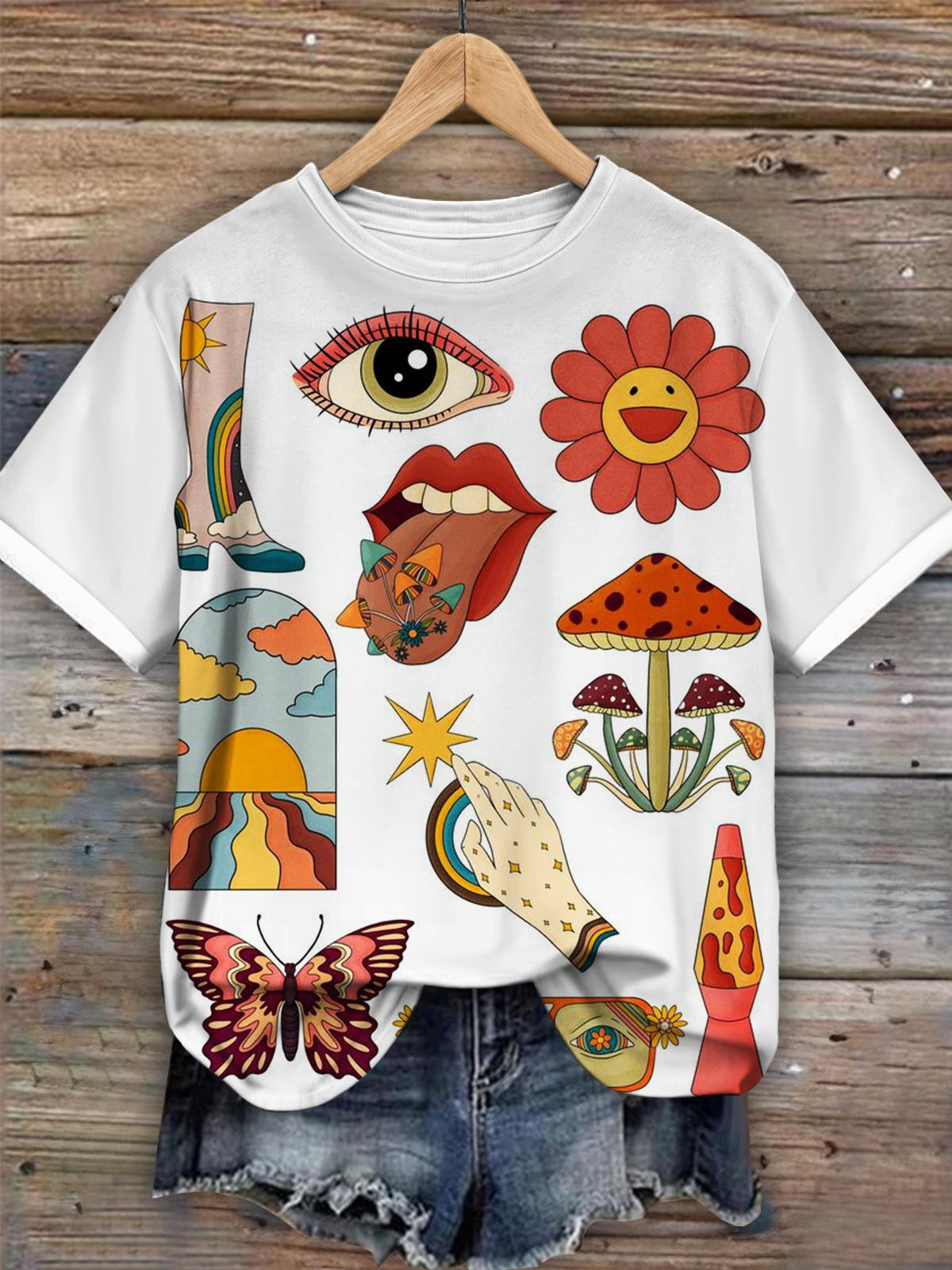 Retro Vibes Print Crew Neck T-shirt