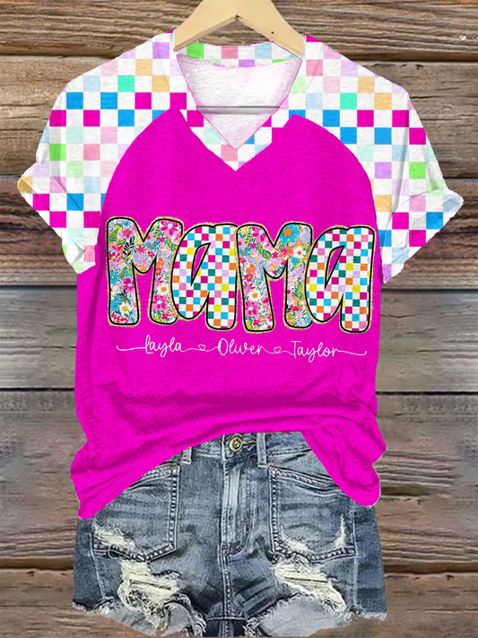 Preppy Mama Floral Glitter V-neck T-Shirt