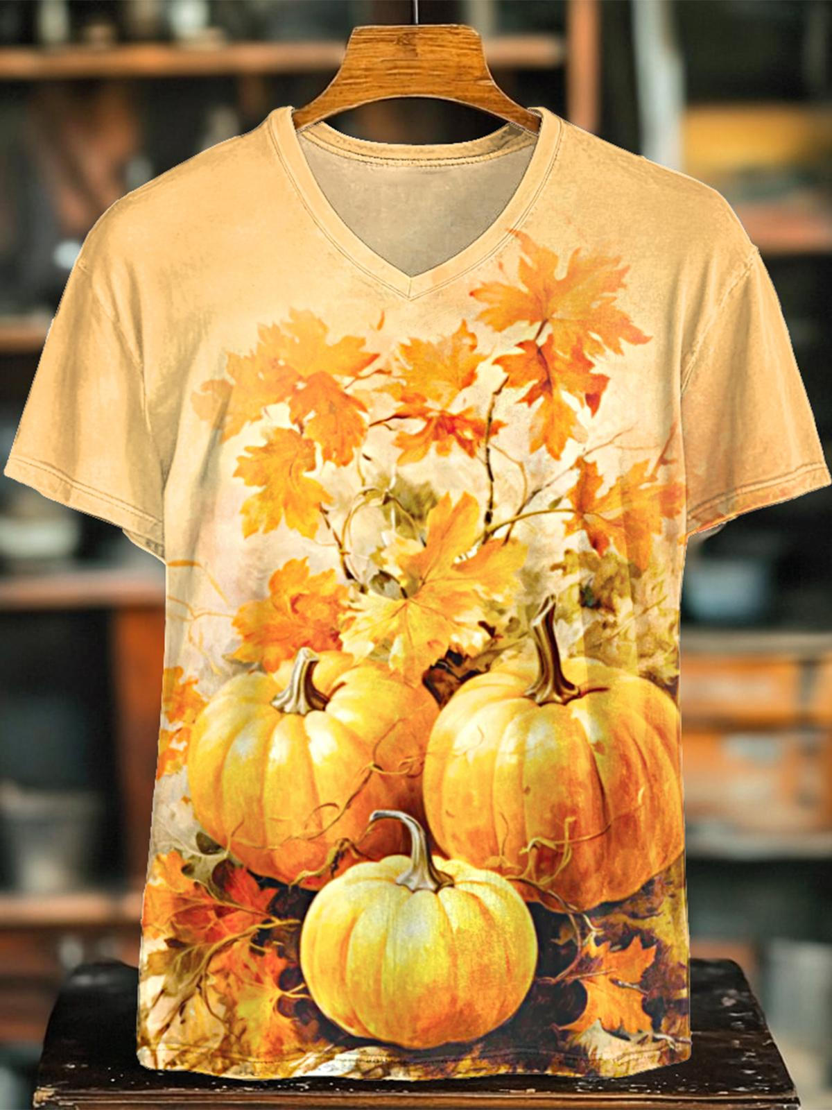 Autumn Pumpkin Print V-neck T-Shirt