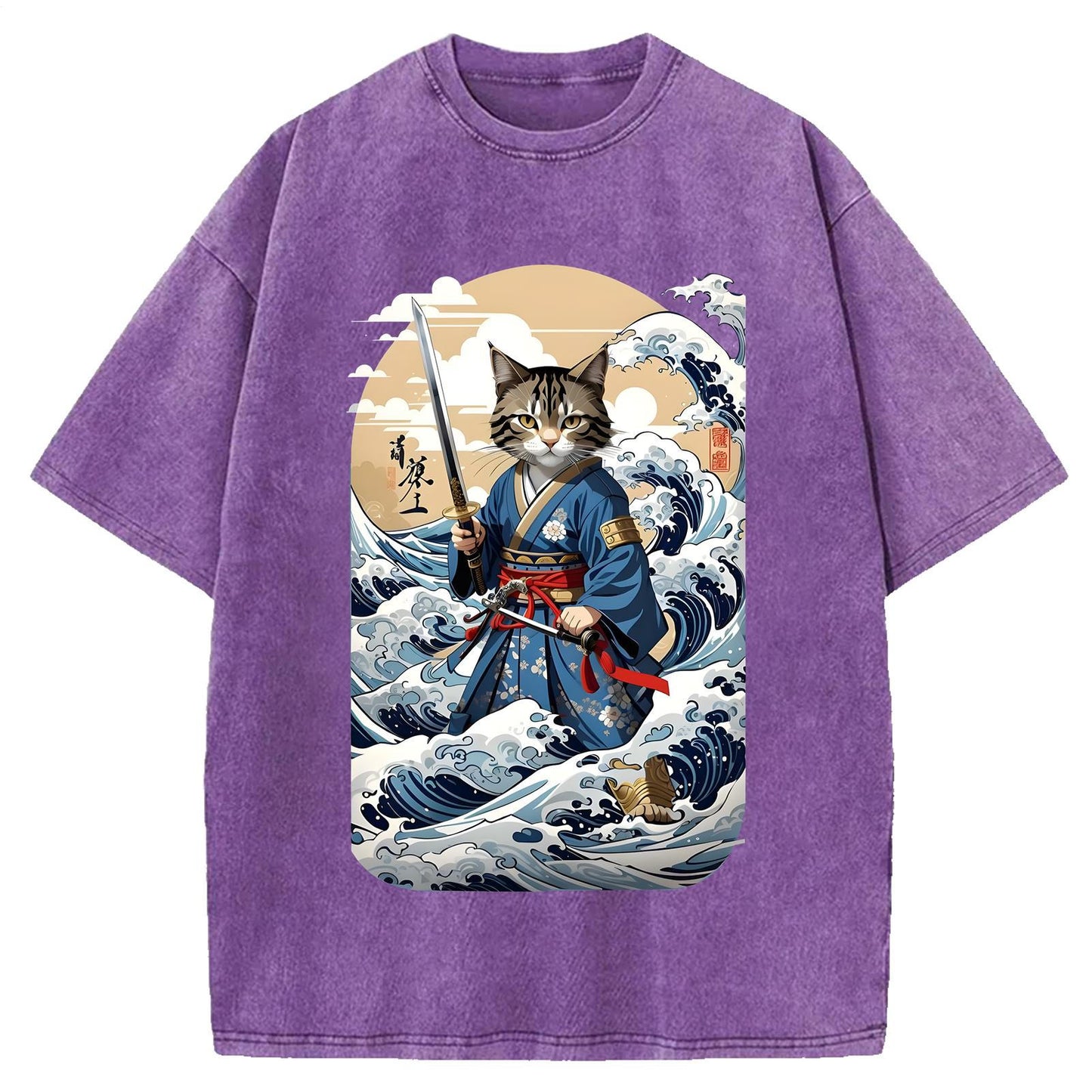 日本のサムライキャットウォッシュクルーネックTシャツ