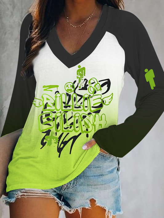 Billie Eilish Print V-Neck Long Sleeve Top