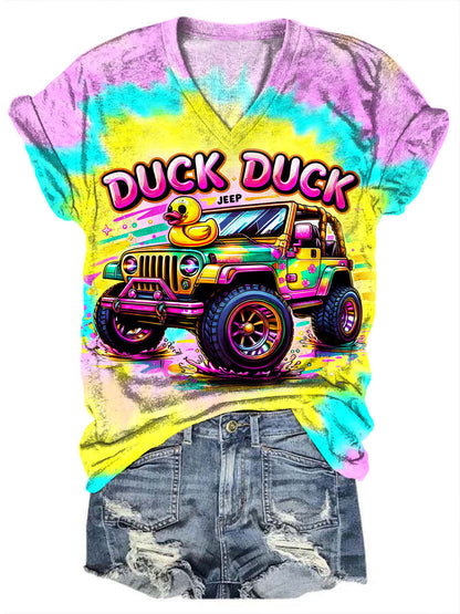 T-shirt à manches courtes et col en V avec imprimé canard tie-dye 