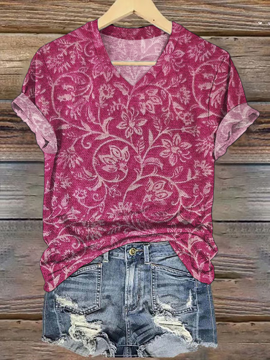 Retro Floral Art V-neck T-Shirt