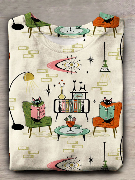 Vintage Atomic Cat Print Short Sleeve Top