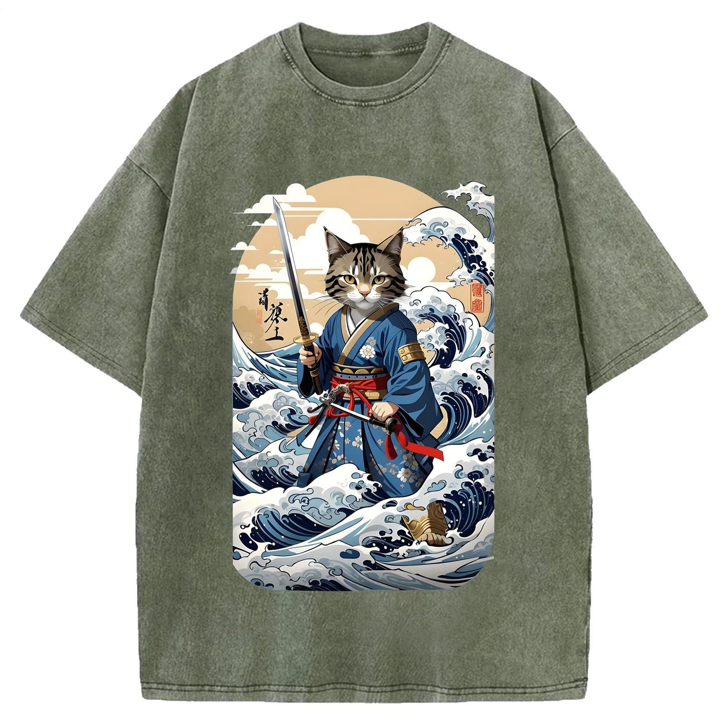 日本のサムライキャットウォッシュクルーネックTシャツ