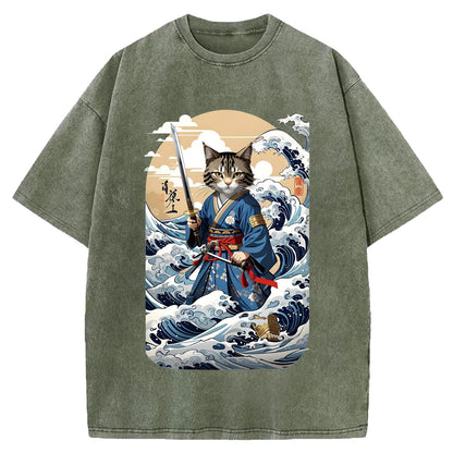 日本のサムライキャットウォッシュクルーネックTシャツ