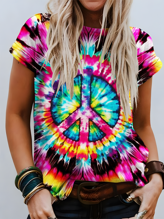 Tie Dye Hippie Peace Sign Art Crew Neck T-shirt