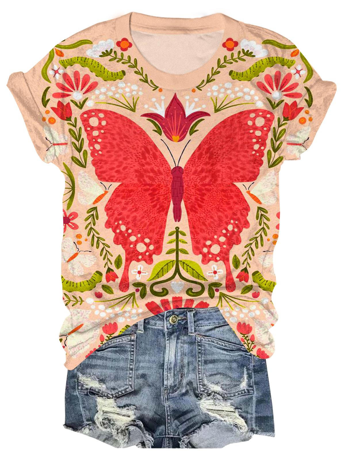 Floral Red Butterfly Crew Neck T-shirt