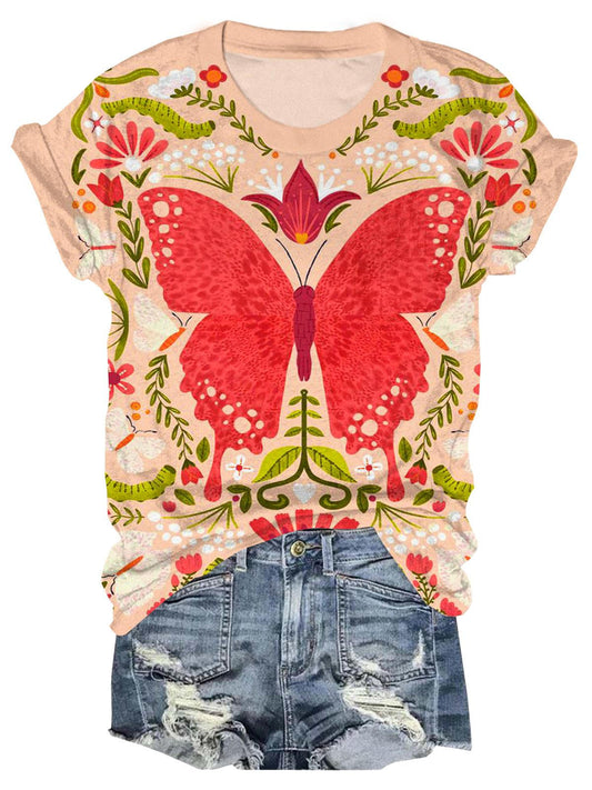 Floral Red Butterfly Crew Neck T-shirt