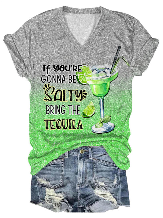 Damen T-Shirt mit V-Ausschnitt und lustigem Wort „Cocktail“ 