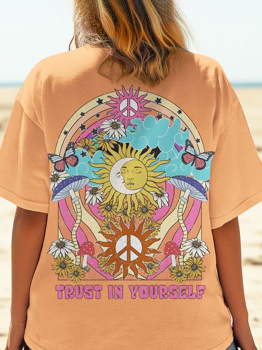 Vintage Sun Peace Hippie Art Crew Neck T-shirt