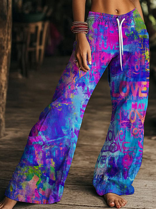 Psychedelic Colors Hippie Love Peace Art Women's Drawstring Wide-Leg Pants