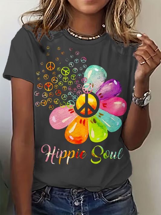 Hippie Soul Peace And Love Flower Crew Neck T-shirt