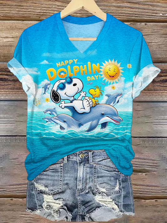Fun Holiday Snoopy Dolphin Day Happy V-neck T-Shirt