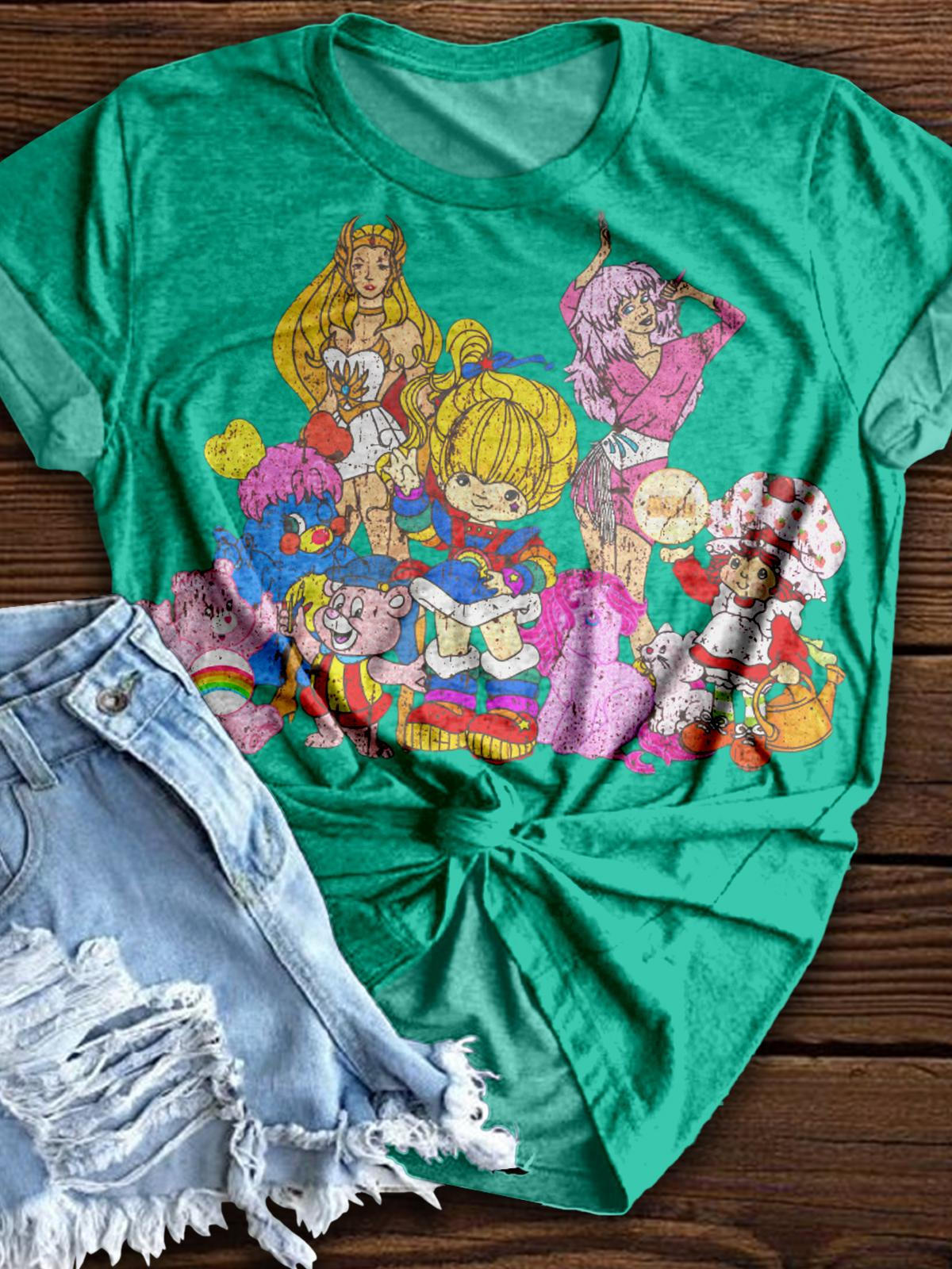 Vintage Anime Characters Pattern Crew Neck T-shirt