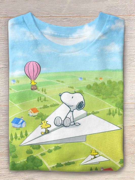 Funny Snoopy Flying Paper Airplane Crew Neck T-shirt
