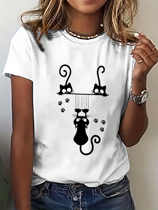 Fun Vintage Black Cat Art Crew Neck T-shirt
