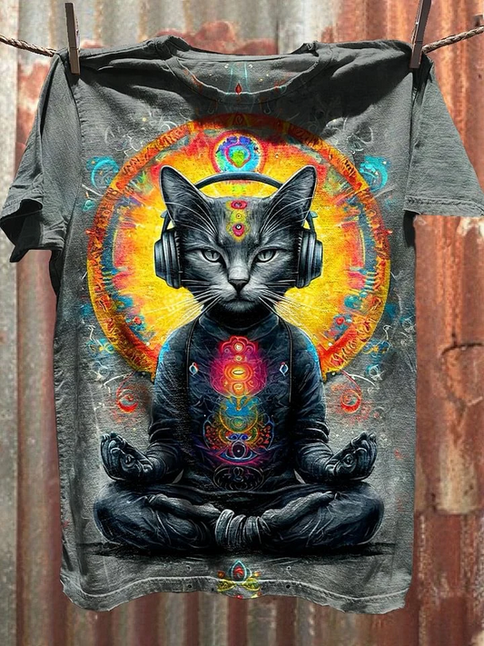 Hippie Psychedelic Cat Crew Neck T-shirt