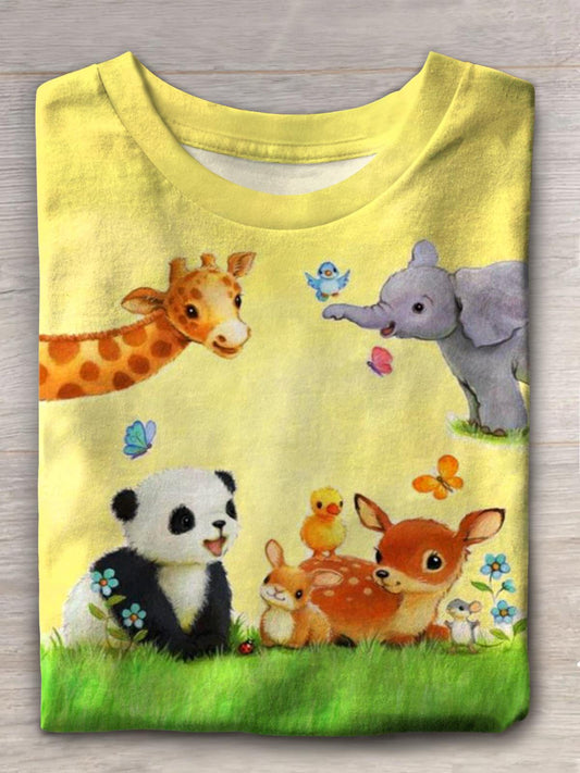 Cute Baby Animals Print Crew Neck T-shirt