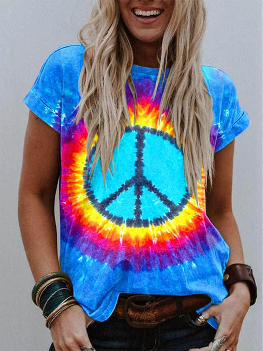 Peace-Zeichen Tie Dye Art Rundhals-T-Shirt 