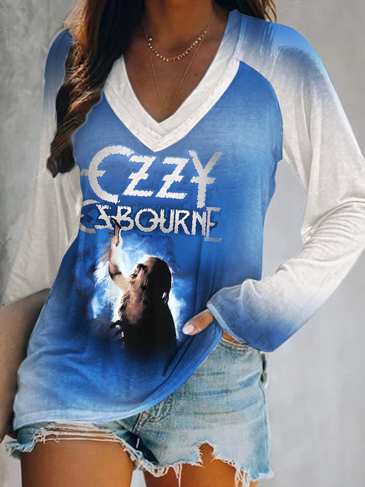 Ozzy Osbourne Print V-Neck Long Sleeve Top