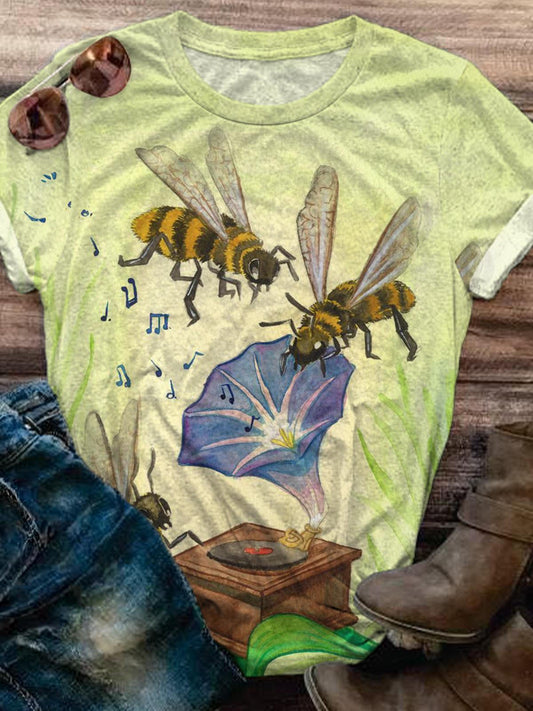 Bee Morning Glory Gramophone Crew Neck T-shirt
