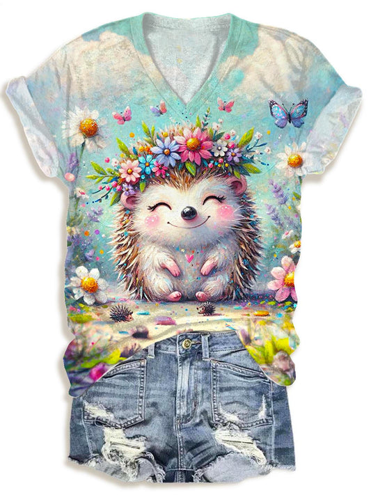 Cute Floral Hedgehog Print V-neck T-Shirt