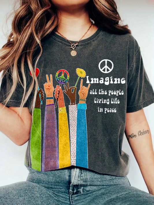 Retro Hippie Love Peace Crew Neck T-shirt