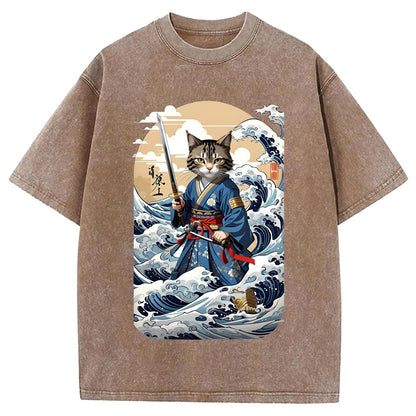 日本のサムライキャットウォッシュクルーネックTシャツ