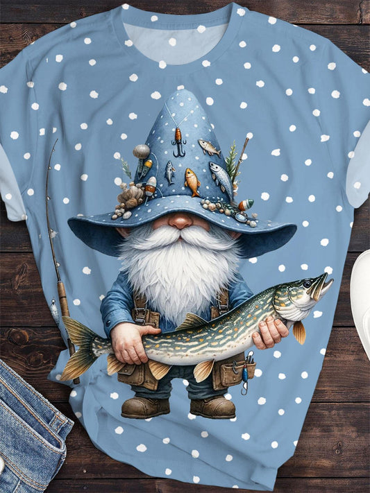 Fishing Gnome Print Crew Neck T-Shirt