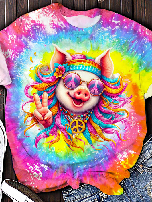 Süßes Hippie-Schweinchen-T-Shirt mit Rundhalsausschnitt 