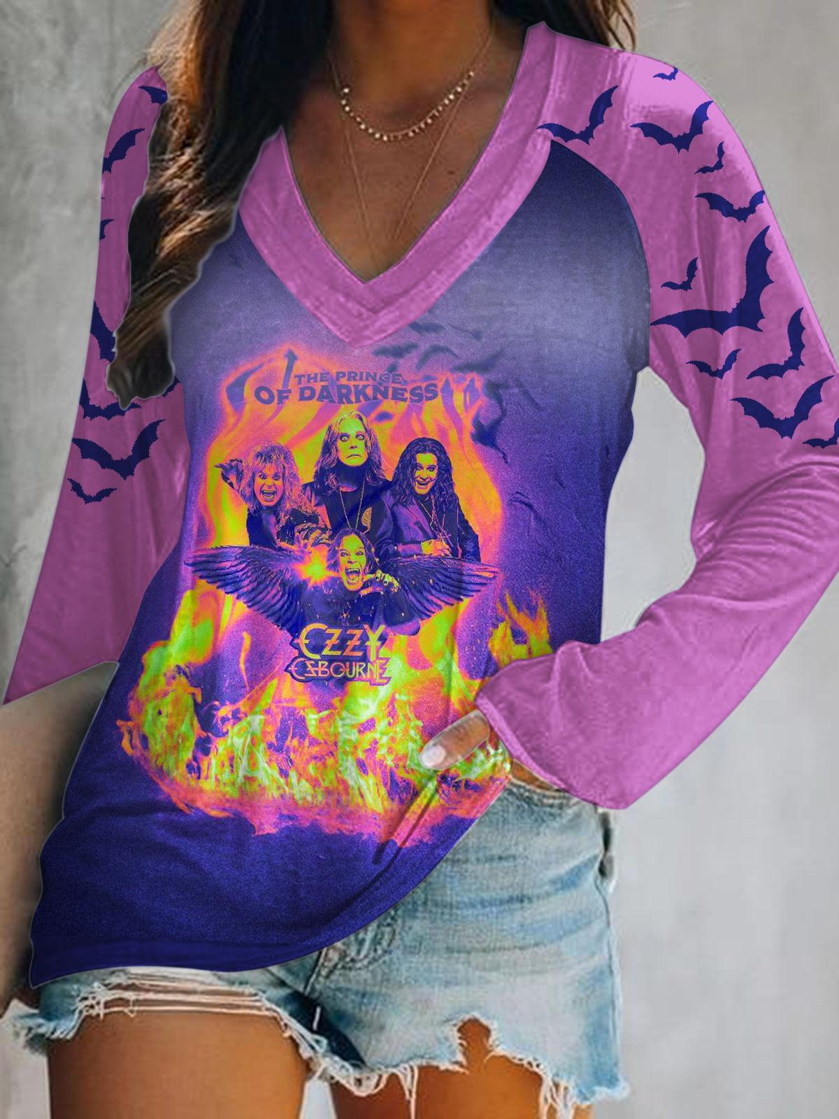 Ozzy Osbourne Print V-Neck Long Sleeve Top