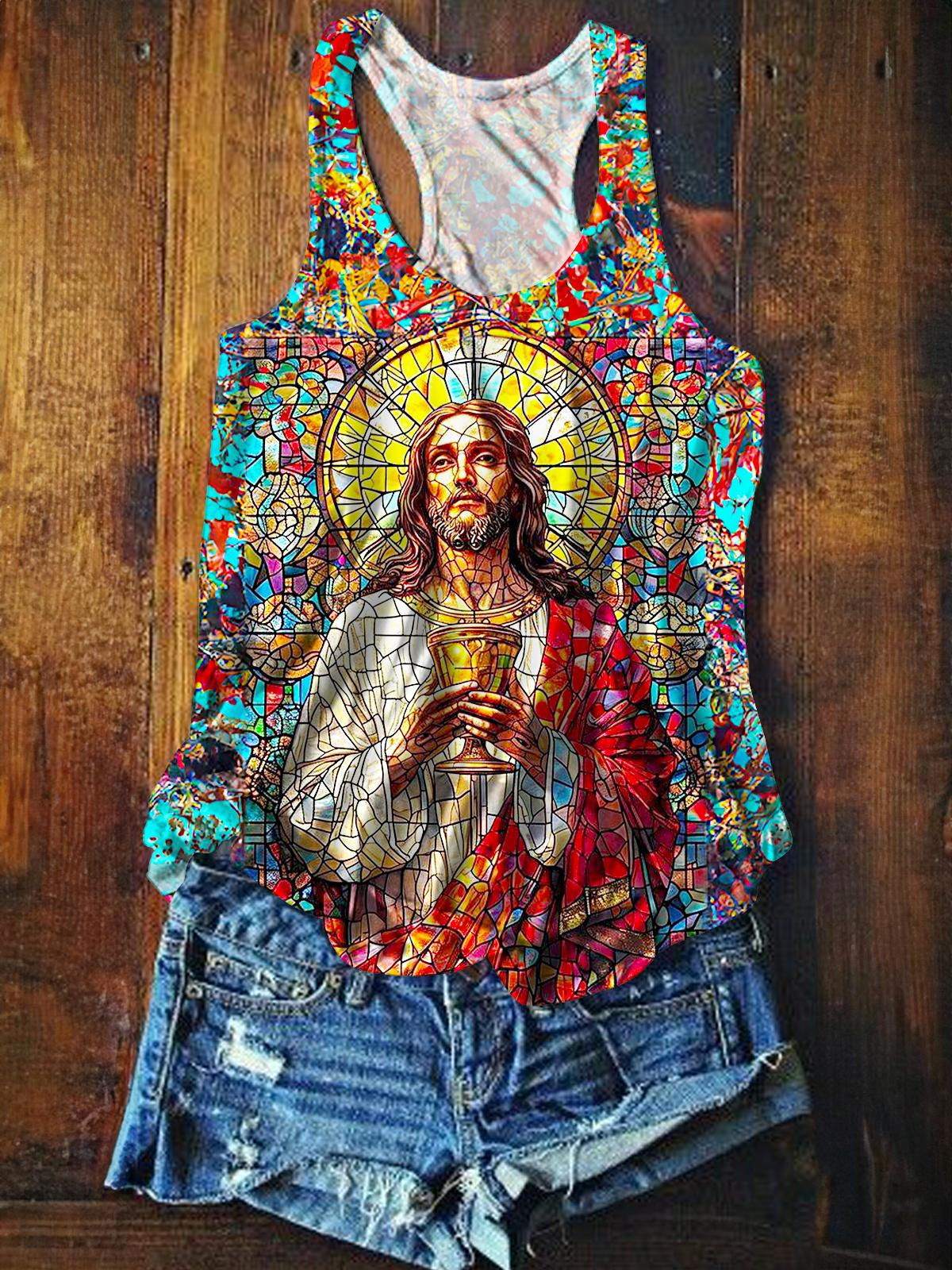 Vintage Jesus Christ Printed Casual Tank Top