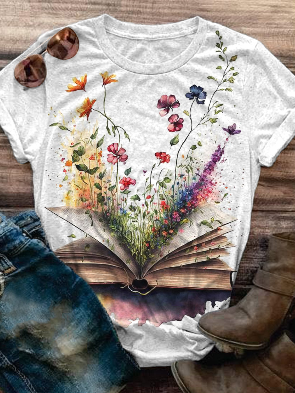 Flower Watercolor Book Crew Neck T-shirt