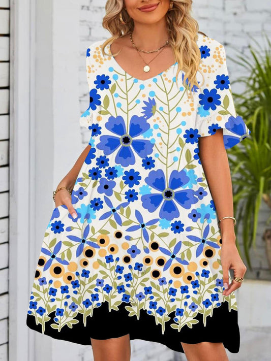 Blue Floral Print V Neck Short Sleeve Pockets Dress