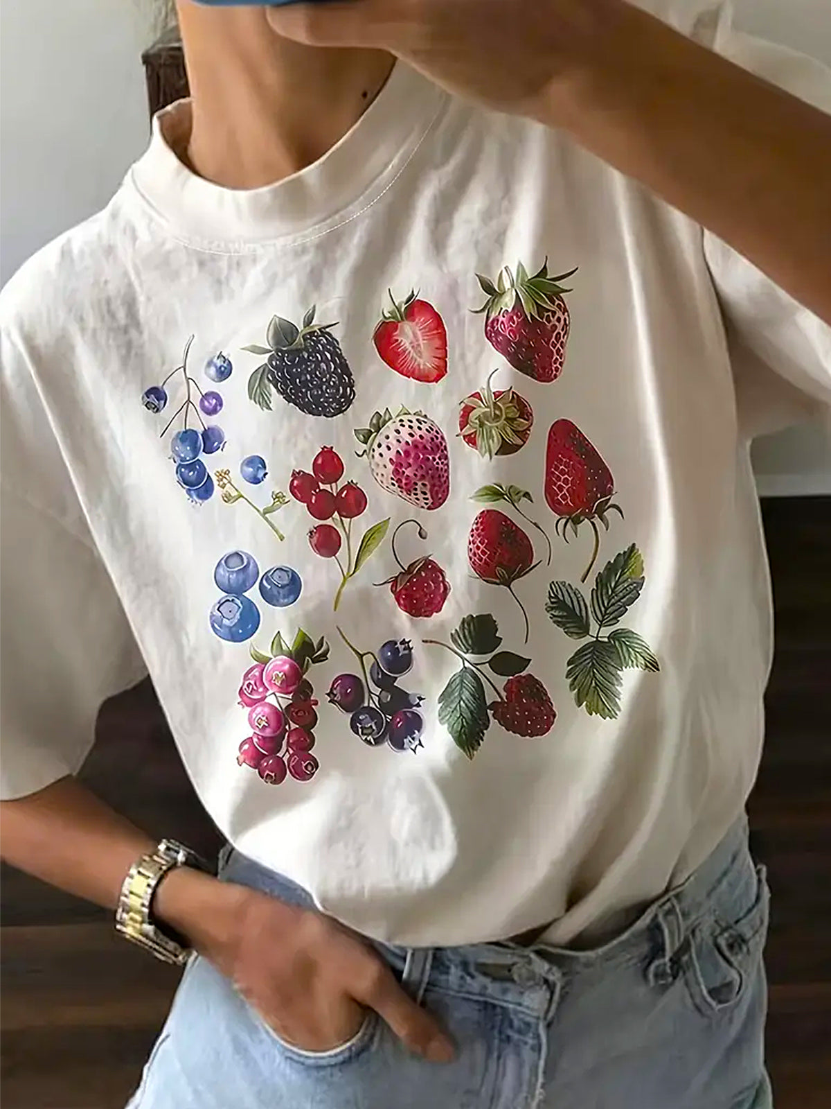 レトロストロベリーフルーツプリントクルーネックTシャツ