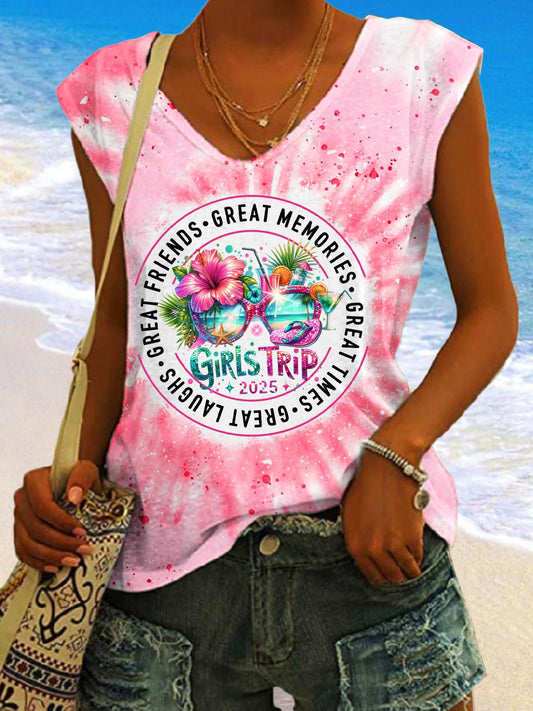 Girls Trip 2025 Great Vacation Memories Printed V-neck Sleeveless Top