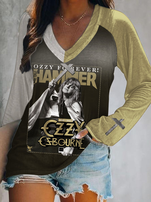 Ozzy Osbourne Color Collision Print V-Neck Long Sleeve Top