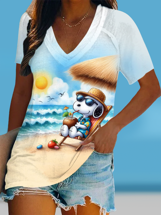 Fun Snoopy Lazy Beach Vacation Short Sleeve V Neck Print Top